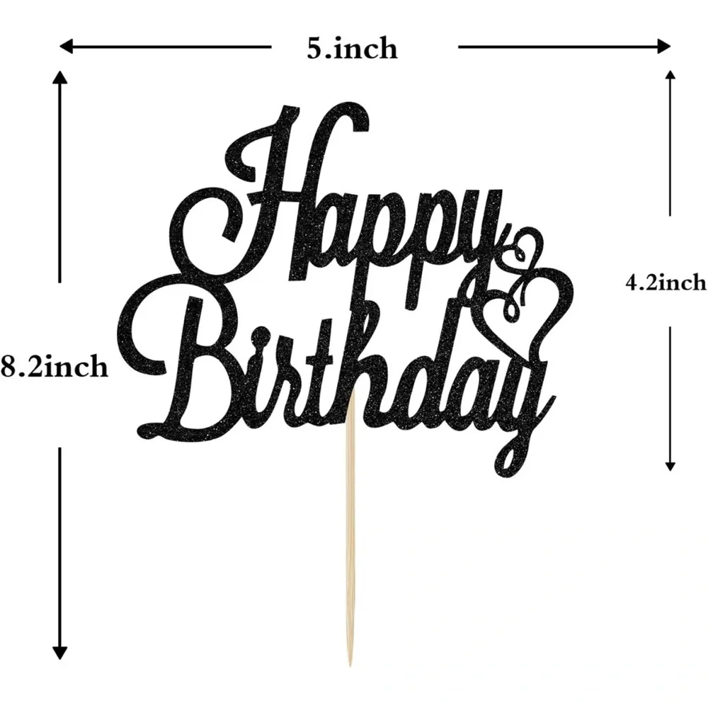 Black Glitter Happy Birthday Cake Topper, Birthday Party Decorations